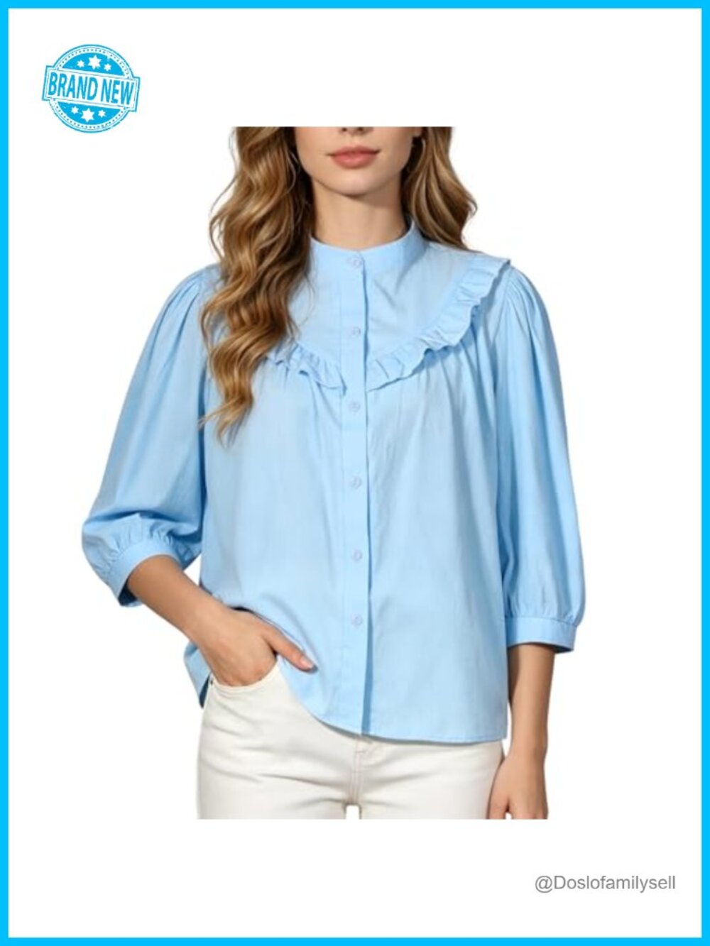 Women's Babydoll Blouse 3/4 Sleeve Ruffle Neck Button Down Work Top